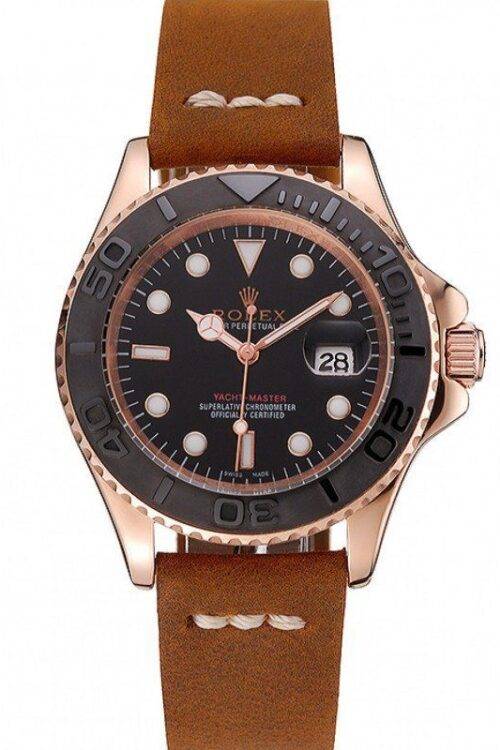 Rolex Yacht-Master Black Dial Rose Gold Case Brown Leather Bracelet 1453861